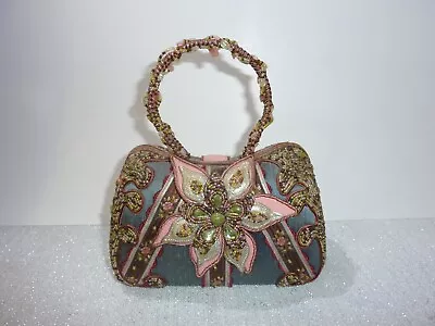 Gorgeous Vintage Mary Frances Beaded Flower Purse Handbag Slate Blue Pink Brown • $59.99