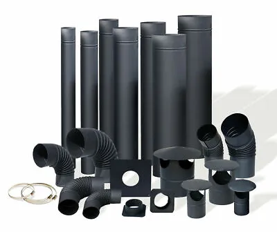 BLACK STEEL FLUE LINER PIPES BENDS RAIN CAPS WALL BRACKETS For Stoves - CHIMNEY • £14.99