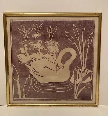 Vintage Mid Century Swan Lino Cut Art Print Framed Gallery Wall • £25