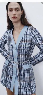 $70 • Buy Zara Woman Blue Tweed Combination Structured Denim Blazer Coat Dress Size Medium