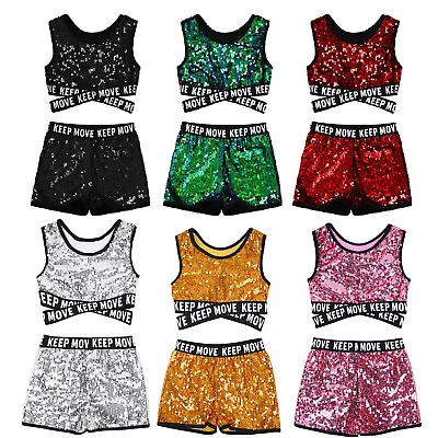 Girl's 2 Pieces Sequin Dance Active Sport Outfit Crop Top And Booty Shorts Sets • £4.59