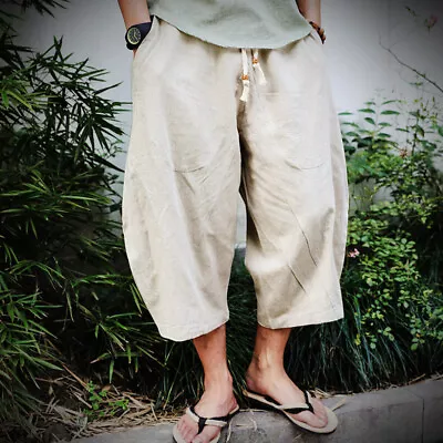 Summer Men Capri Short Pants Harem Baggy Hakama Loose Japanese Samurai Trousers • $12.89