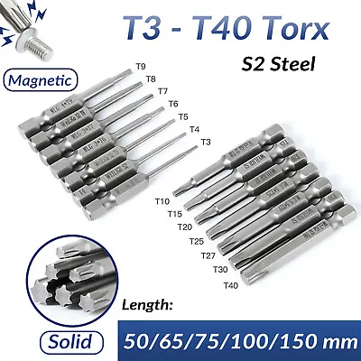 T3-T50 Solid Torx Screwdriver Bit Set Magnetic Head 1/4  Hex Shank 50-150mm Long • $41.79