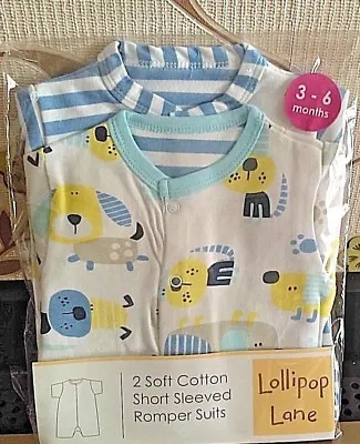  LOLLIPOP LANE 3-6 Months BLUE BABY BOY SHORT SLEEVED ROMPER SUITS 2 SOFT COTTON • £5.99