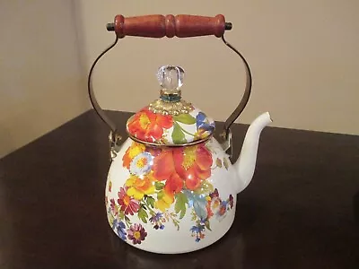 MACKENZIE CHILDS White Flower Market 2 Qt Enamel Tea Kettle Floral Teapot UNUSED • $85.49