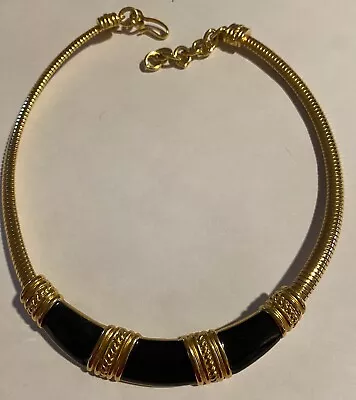 Monet Gold Tone Necklace Black Enamel Tubogas 1980’s Jewelry  • $12