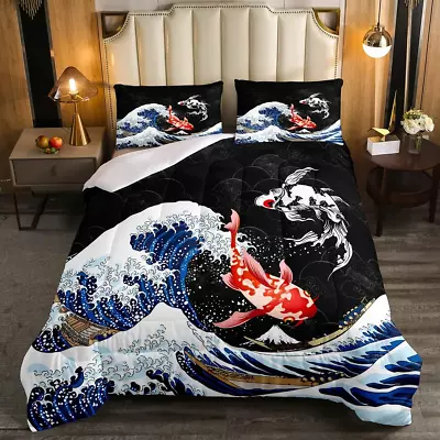 Japanese Ukiyoe Fish Comforter Set Ocean Surfing Koi Toddler Bedding Set Kids Bo • $83.13