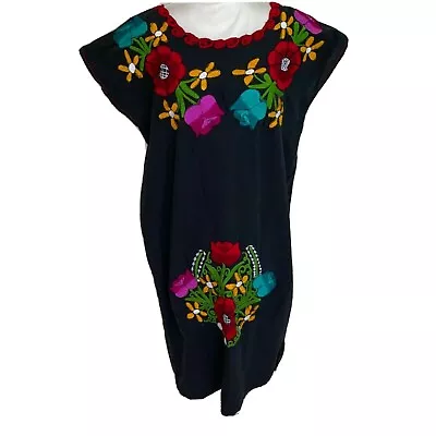 Vintage Womens Sheath Dress Mexican Embroidered Black Floral Design Short Sleeve • £53.79