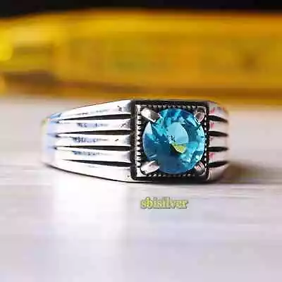 Mens Ring 925 Sterling Silver Turkish Handmade Jewelry Aquamarine Stone All Size • $44.90