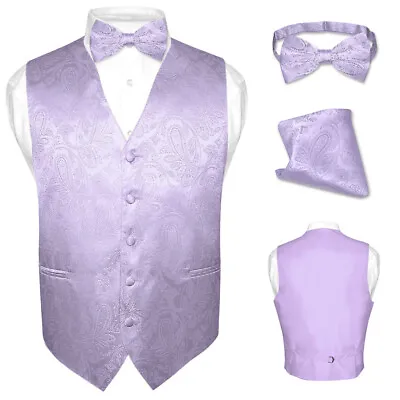 Men's Dress VEST Bow Tie LAVENDER Purple PAISLEY Design For Tux BowTie Hanky Set • $27.95