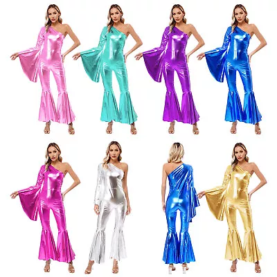 Women Bodysuit 70s Catsuit Bell-Bottom Rompers Metallic Leotard One-piece Party • £25.38