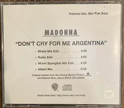 $24.99 • Buy Madonna Don’t Cry For Me Argentina PROMO CD! Remixes! Evita!