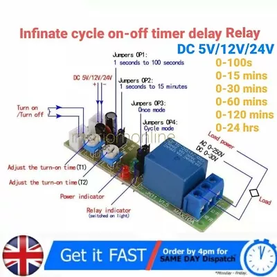 5V 12V 24V Infinite Cycle Delay Time Timer Relay Turn ON OFF Switch Loop Module  • £7.49