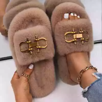 Faux Fur Buckle Decor Slippers Designer Fluffy Flops Slides Casual Furry Ladies • $36.99