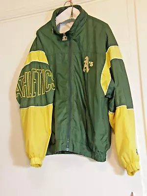 Vintage Starter Jacket Genuine A's Athletics LARGE Wind Breaker Green/gold 80s • $34.75