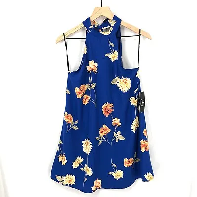 New LULUS Sleeveless Tie Halter Neck Micro Mini Trapeze Dress Blue Floral S • $26.25