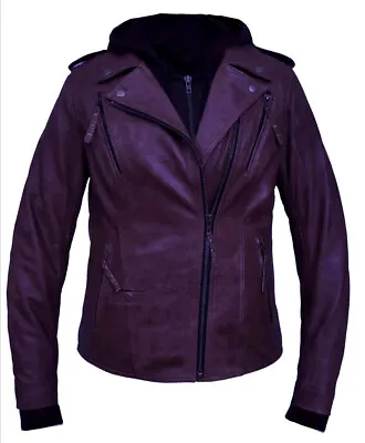 Womens Purple Lambskin Leather Jacket W Hoodie Concealed Carry Pockets • £223.80