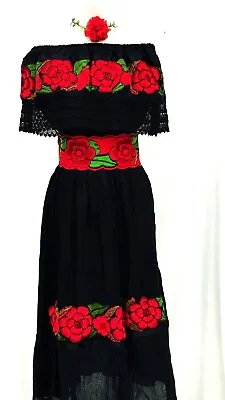 Mexican Peasant Off Shoulder BLACK Dress Fits Med-XL Embroidered Floral Bohemian • $67.95