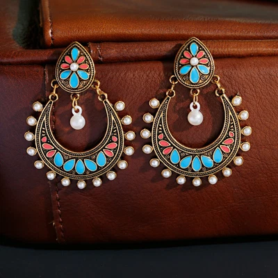 $5.70 • Buy Retro Women Moon Style Jhumka Indian Ethnic Blue Flower Dangle Earrings Jewelry