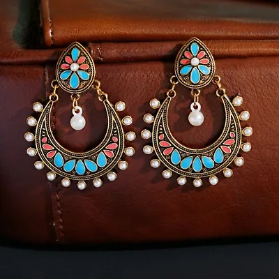 Retro Women Moon Style Jhumka Indian Ethnic Blue Flower Dangle Earrings Jewelry • $5.70