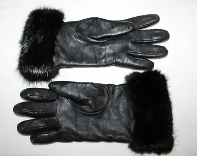 Black LEATHER Gloves Rabbit Fur Trim Size Medium GENUINE LEATHER FLAW-BRC • $10