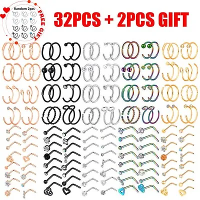 32PCS Nose Hoop Rings L Shaped Pin Studs 20G Surgical Steel Piercing Jewelry Set • $12.99