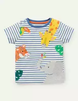 MINI BODEN Baby Boys T-shirt Tops Jersey Cotton Striped Embroidered Animals NEW • £4.95