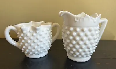 Vintage Fenton Milk Glass Hobnail Star Shaped Creamer And Sugar Bowl • $36