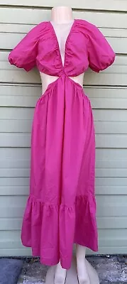 New Zara Poplin Cut-Out Puff-Sleeve Midi Dress Fuchsia Size XL #7001 • $45.49