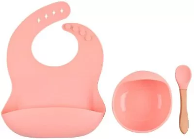 Baby Girl Silicone Weaning Wide Food Catcher Bib Suction Bowl & Spoon Set PINK • £22.95