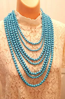 Vintage Modern Multi 7 Strand Turquoise Color Bead Necklace Etched Flat Clasp • $22