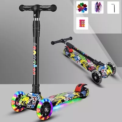 Folding Adjustable Height Kids Toy Kick Scooter Rear Brake 3 Flashing Wheels • $40.99