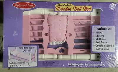 NEW Melissa Doug White Wooden Doll Bed With Bedding 24  Fits American Girl Doll • $44