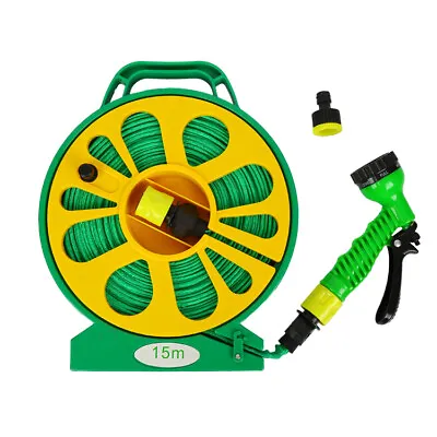 15M 50FT Garden Hose Pipe Reel With Spray Nozzle Gun Flat Outdoor Watering Pipe • £9.99