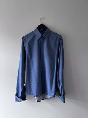 £60 • Buy Alexander McQueen Cotton-Silk Iridescent Blue French Cuff Dress Shirt IT 50