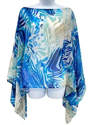 Chico’s Kimono Top Poncho Blue Sheer Watercolor Cover Up Kaftan Blouse OS • $22