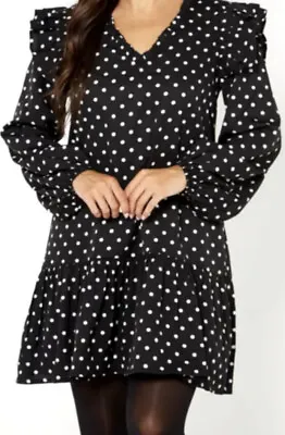 New Womens Spot V Neck Tiered Short Dress Black • £11.99