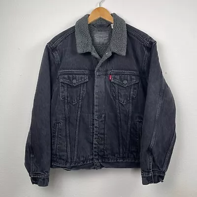 Levi’s Jacket Men Black Sherpa Denim Trucker Workwear Grunge Size L • $44