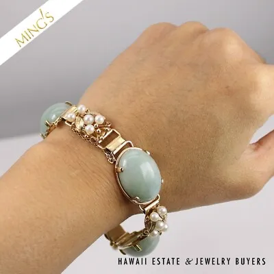 Ming's Rare Green Jade And Pearl 47.2g 14K Yellow Gold Bracelet Size 7 • $3500