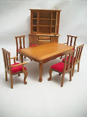 Dining Room Set  W Hutch & Chairs  Walnut Dollhouse 1/12 Scale T0052 8pc Wooden • $47.99