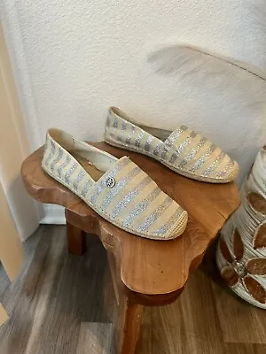 Michael Kors Sz 8 Silver Ivory Stripe Espadrille Flats Slip On Comfort Resort • $34.50