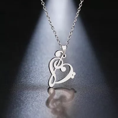 Musical Notes Heart Necklace - Treble Clef & Bass Clef - Musician Jewelry 18” • $9.98