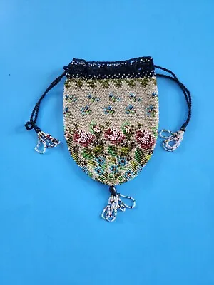 Vintage Seed Beaded Drawstring Purse Roses And Flowers Pattern • $28.50