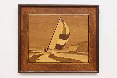 Sailboat On Lake Vintage Marquetry Inlaid Wall Plaque 27  #47430 • $450