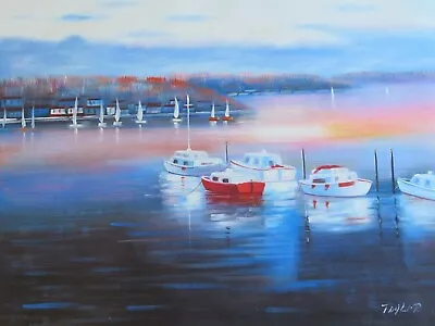 Boats At Harbour Sea Side Ocean Boat Oil Painting Canvas Art Original Modern • £23.95