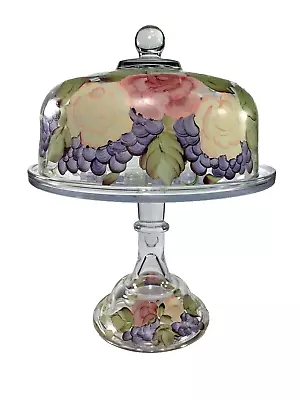 Hand Painted Floral Glass Cake Stand W/ Cake Cover 12  W X 15.5  T Made In USA • $148.49
