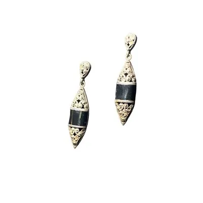 Antique Art Deco Black Onyx Dangle Earrings 925 Sterling Silver Marcasite 1930s • $75