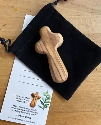 OLIVE WOOD COMFORT CROSS From Holy Land Approx 6x3 Cm. Uplifting Words Black Bag • £3.95