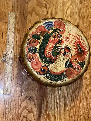 $35.99 • Buy VINTAGE CHINESE DRUM - Double Sided Painted Drum Rawhide Tacked - ORNATE MOTIFS