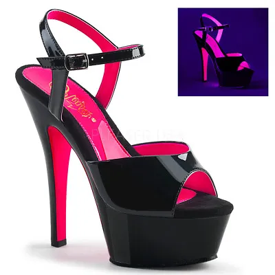 6  Black Neon UV Pink 80s Glow In Dark Stripper Heels Shoes Pleaser Kiss-209 • $59.95
